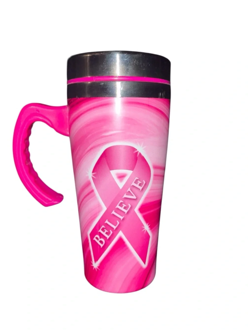 Pink Breast Cancer Awareness “Believe” Stainless Steel Travel Mug 16oz